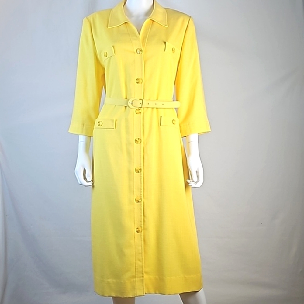 Vintage Henry Lee Rayon Poly Lemon Yellow Button Front Belted Midi Shirt Dress